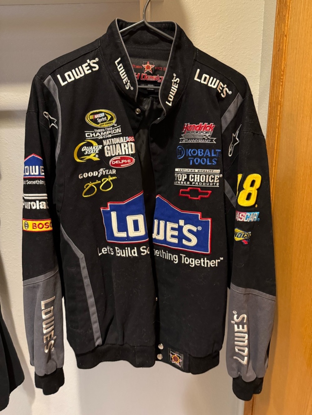 Nascar Lowe's Black and Gray Racing Jacket with Sponsor Patches